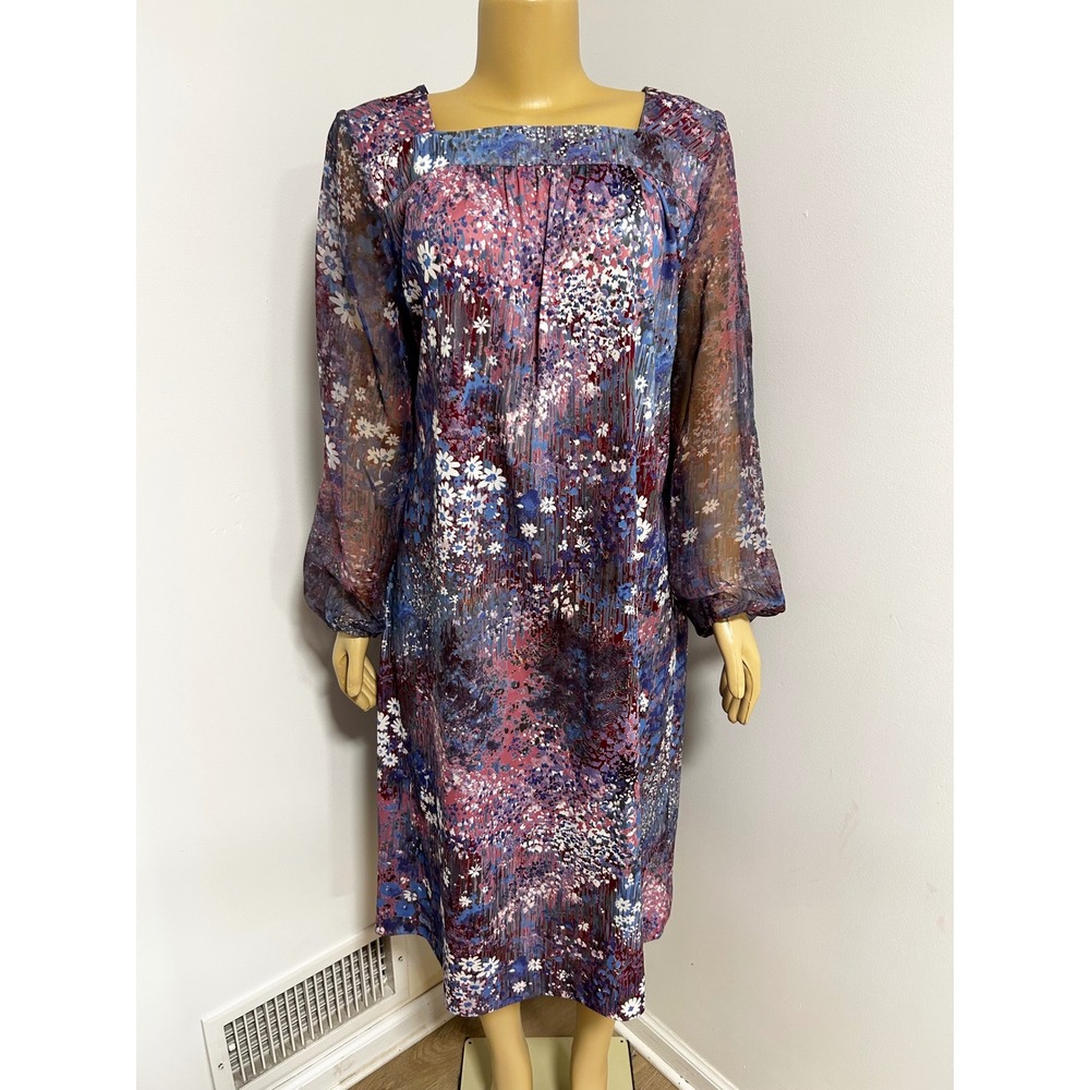 Vintage 70s Lorac Original Lady Carol Floral Midi Dress Sheer Balloon Sleeve 18